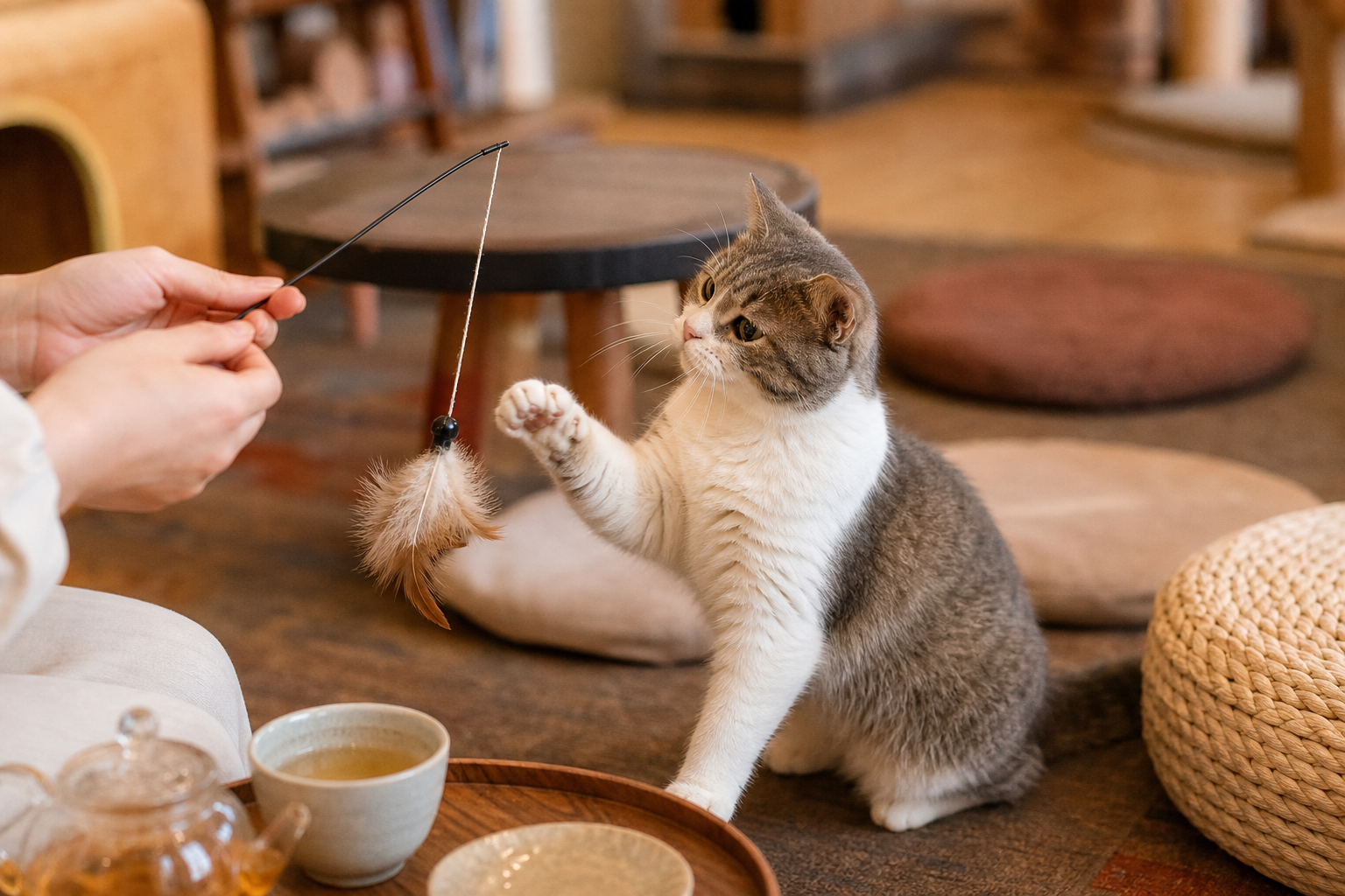 猫じゃらしに手を伸ばす猫と来店者の手元