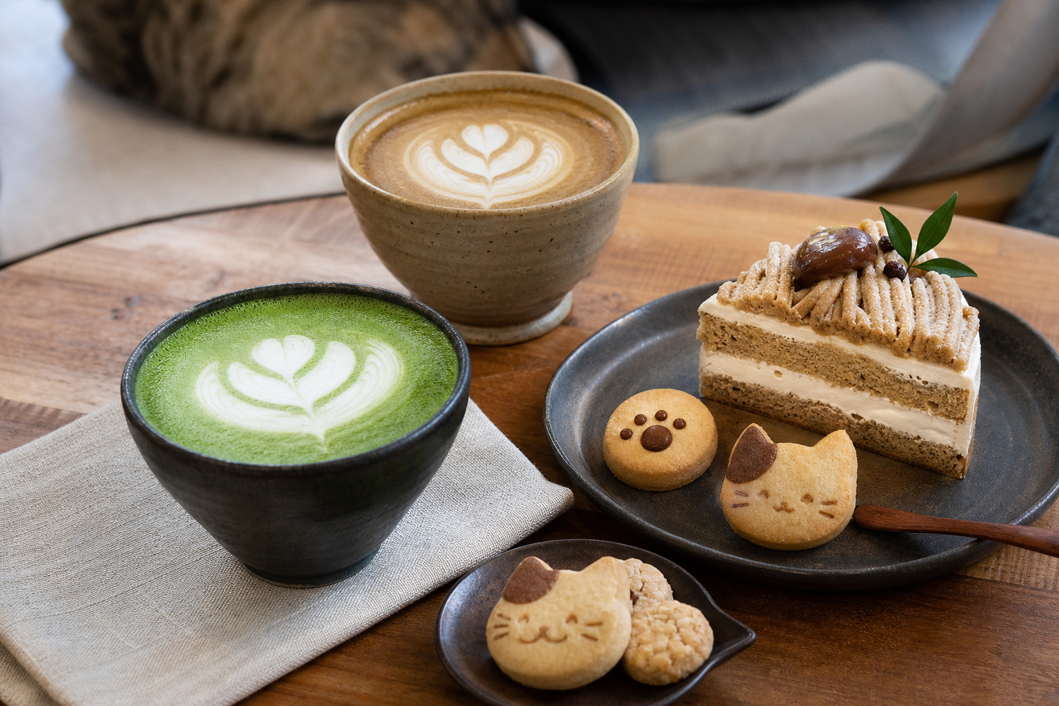 抹茶ラテとほうじ茶ラテ、猫型クッキーの喫茶メニュー