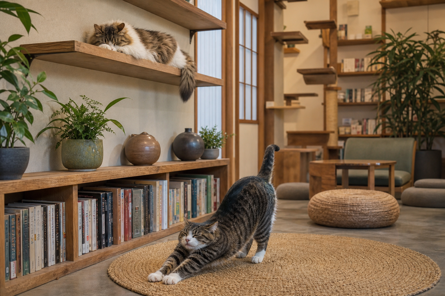 本棚とラグのある猫カフェの読書コーナー
