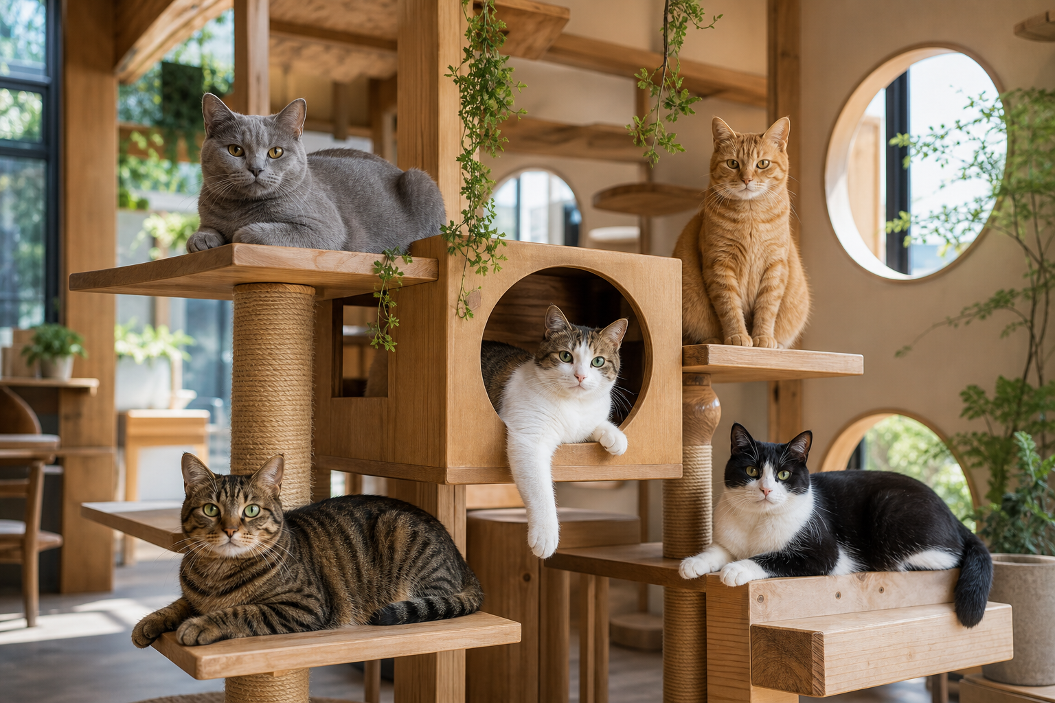 木製キャットタワーで過ごす猫茶房こもれびの猫たち